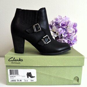 Clarks Alpine Icy Black Leather Ankle Booties with Buckles
